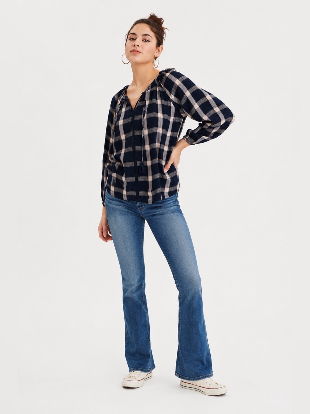 American Eagle Plaid Tassel Tie Blouse Blue Size Small